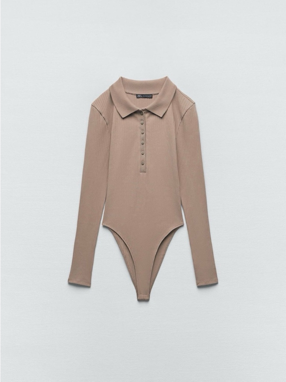 Zara Ribbed Long Sleeve Polo Bodysuit in Taupe